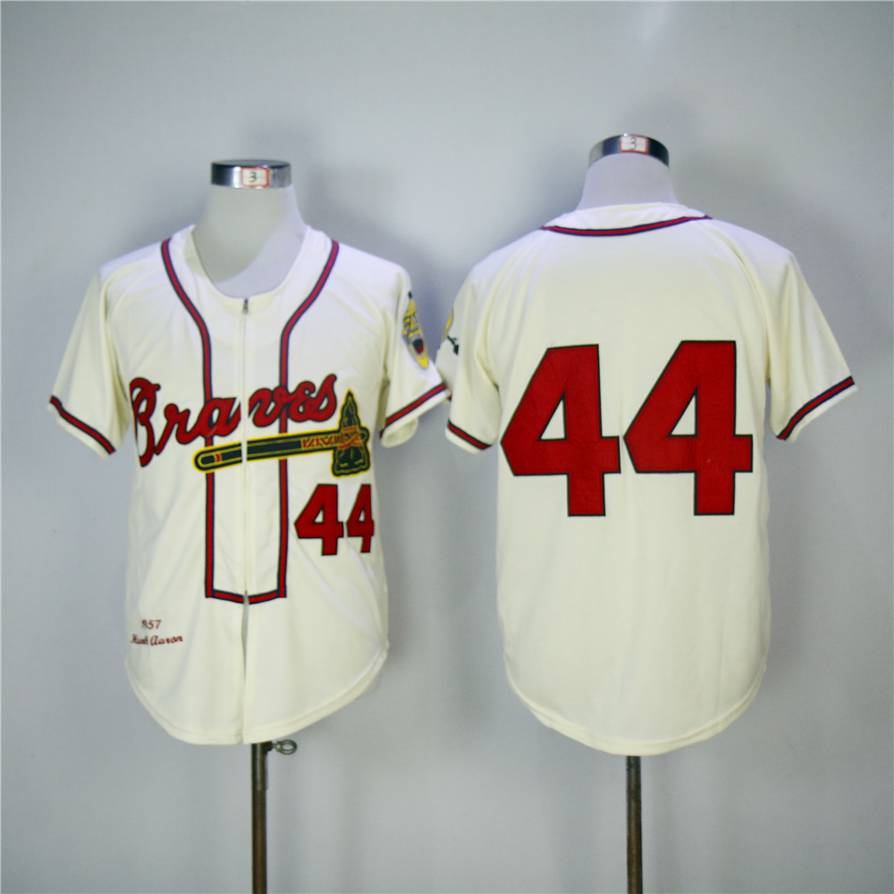 Men Atlanta Braves 44 Aaron Cream Throwback 1957 MLB Jerseys